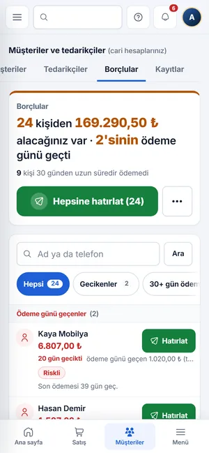 Telefonda Borçlular: kaç kişiden ne kadar alacağınız, Hepsine hatırlat, ödeme günü geçenler ve Hatırlat düğmesi