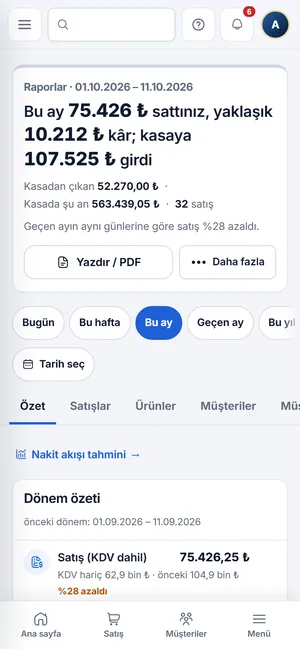 Telefonda Raporlar: bu ayın satışı, yaklaşık kârı ve kasaya giren para tek cümlede, dönem çipleri, sekmeler ve nakit akışı tahmini bağlantısı
