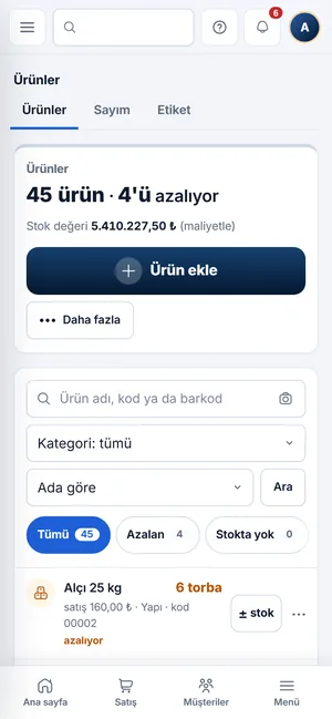 Telefonda Ürünler: ürün sayısı, azalan ürünler, stok değeri, Ürün ekle, arama ve Azalan, Stokta yok süzgeçleri
