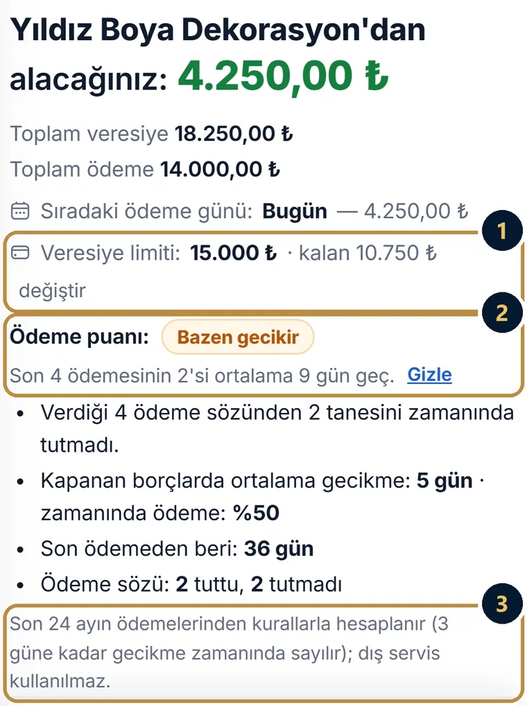 Telefonda müşteri sayfası: alacak tutarı, sıradaki ödeme günü, veresiye limiti ve kalan tutar, Bazen gecikir ödeme puanı ve açılmış ayrıntılar