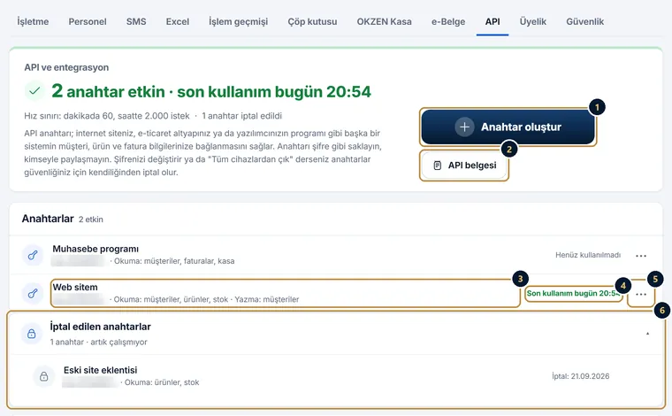 Ayarlar sayfasının API sekmesi: etkin anahtar sayısı ve son kullanım, hız sınırı, Anahtar oluştur ve API belgesi düğmeleri; anahtar listesinde adlar, izinler ve son kullanım; iptal edilen anahtarlar bölümü