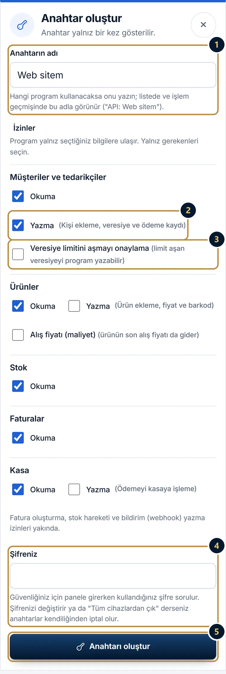 Telefonda Anahtar oluştur penceresi: anahtarın adı, müşteriler, ürünler, stok, faturalar ve kasa için okuma ve yazma izinleri, veresiye limitini aşmayı onaylama ve alış fiyatı ek izinleri, şifre alanı ve Anahtarı oluştur düğmesi