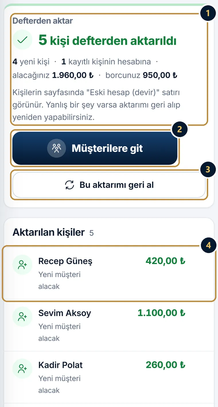 Telefonda aktarım sonucu: 5 kişi defterden aktarıldı, 4 yeni kişi, 1 kayıtlı kişinin hesabına, alacağınız ve borcunuz; Müşterilere git ve Bu aktarımı geri al düğmeleri; aktarılan kişiler listesi