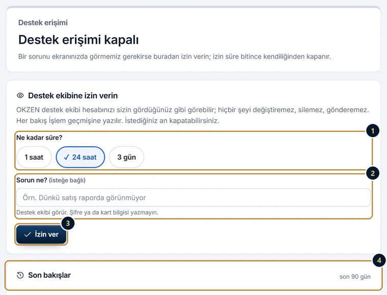 Destek erişimi kapalı sayfası: destek ekibine izin verin açıklaması, 1 saat, 24 saat ve 3 gün seçenekleri, Sorun ne kutusu, İzin ver düğmesi ve Son bakışlar bölümü