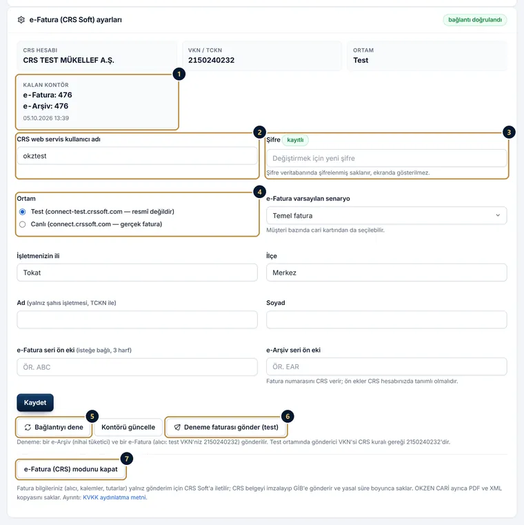 e-Fatura (CRS Soft) ayarları: CRS hesabı, kalan kontör, web servis kullanıcı adı ve şifre, test ya da canlı ortam, il ve ilçe, Bağlantıyı dene ve Deneme faturası gönder düğmeleri
