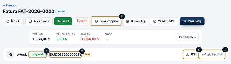 Fatura ekranındaki e-Arşiv şeridi: onaylandı durumu, GİB belge numarası, PDF ve e-Arşiv’i iptal et; üstte Linki Kopyala düğmesi