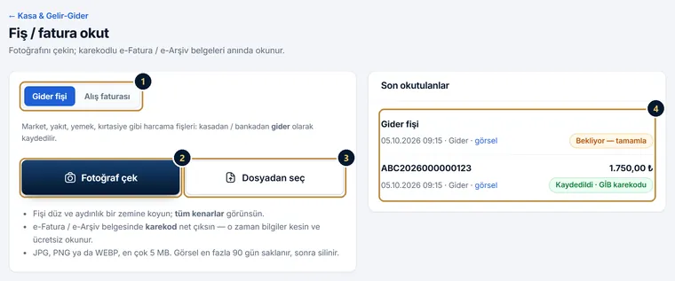 Fiş / fatura okut ekranı: Gider fişi ve Alış faturası seçimi, Fotoğraf çek ve Dosyadan seç düğmeleri, ipuçları ve son okutulan belgeler