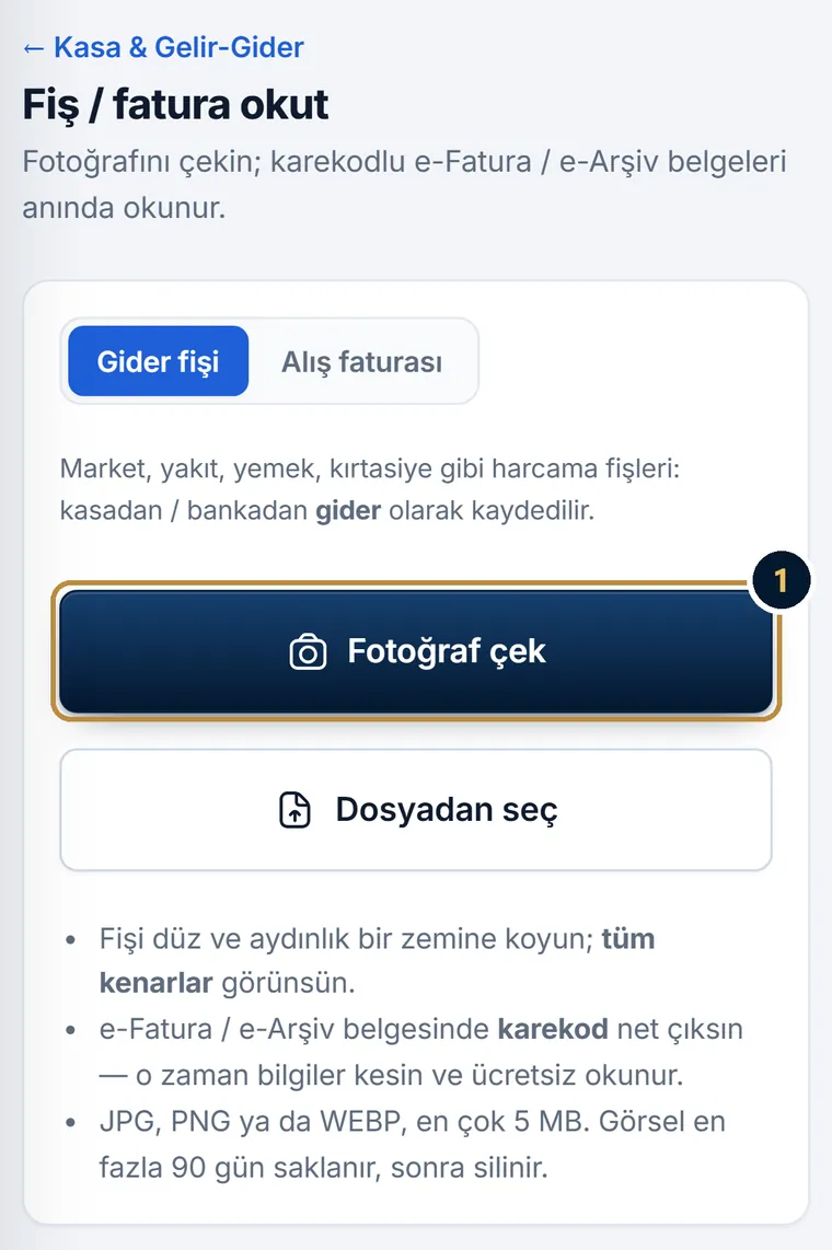 Telefonda Fiş / fatura okut ekranı: Fotoğraf çek ve Dosyadan seç düğmeleri
