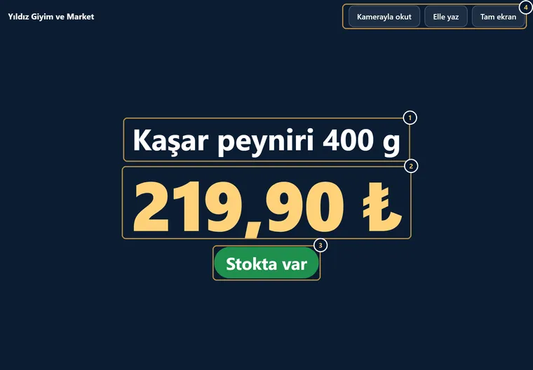 Tabletteki fiyat gör ekranı: işletme adı, Kaşar peyniri 400 g, büyük yazıyla 219,90 ₺ fiyat, Stokta var etiketi; Kamerayla okut, Elle yaz ve Tam ekran düğmeleri