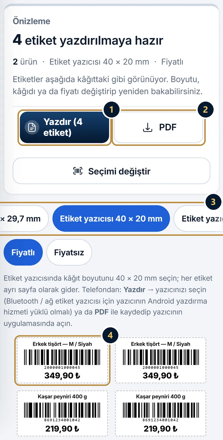 Telefonda etiket önizlemesi: 4 etiket yazdırılmaya hazır, Yazdır ve PDF düğmeleri, Etiket yazıcısı 40 × 20 mm seçili, Fiyatlı, barkodlu ve fiyatlı etiketler
