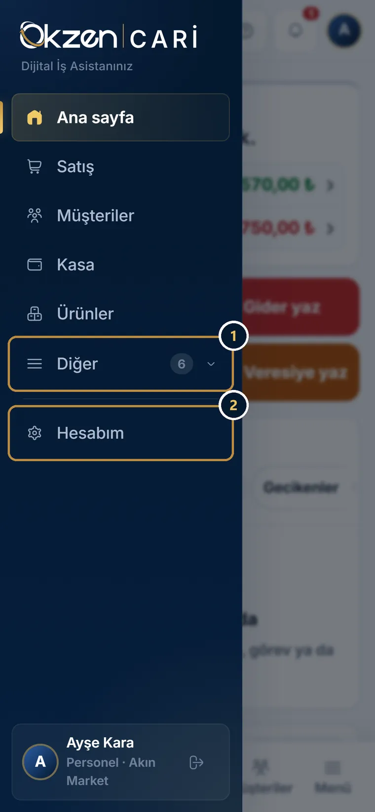 Telefonda büyük yazı ve sade modla açılmış menü: Ana sayfa, Satış, Müşteriler, Kasa, Ürünler, altında Diğer ve Hesabım