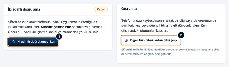 Hesap Güvenliği ekranı: İki adımlı doğrulamayı kur düğmesi ve Diğer tüm cihazlardan çıkış yap düğmesi