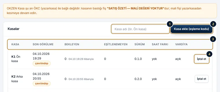 Paneldeki Kasalar sayfası: ÖKC uyarısı, kasa adı kutusu, Kasa ekle (eşleme kodu) düğmesi ve kasalar listesi