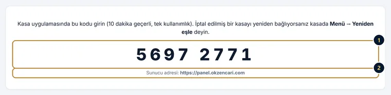 Kasa ekle düğmesinden sonra çıkan 8 haneli eşleme kodu ve sunucu adresi