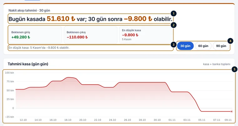 Nakit akışı tahmini sayfası, 30 gün: bugün kasadaki para ve 30 gün sonra olabilecek tutar, beklenen giriş, beklenen çıkış, en düşük kasa ve tarihi, uyarı cümlesi, 30-60-90 gün seçimi ve gün gün tahmini kasa grafiği