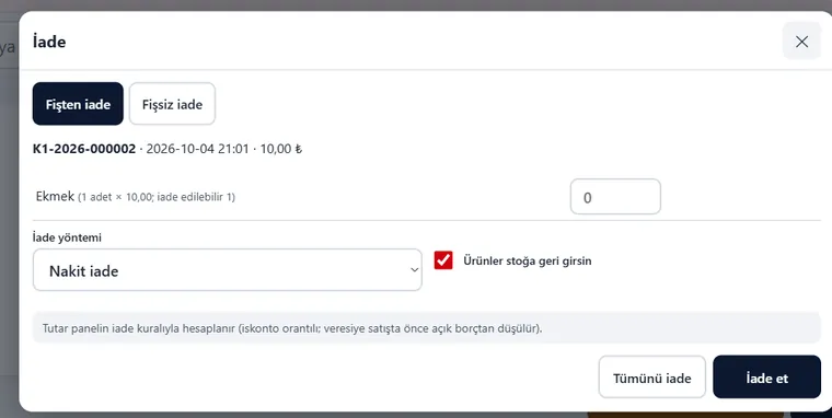OKZEN Kasa iade penceresi: fişten iade ve fişsiz iade sekmeleri, iade yöntemi ve ürünler stoğa geri girsin seçeneği