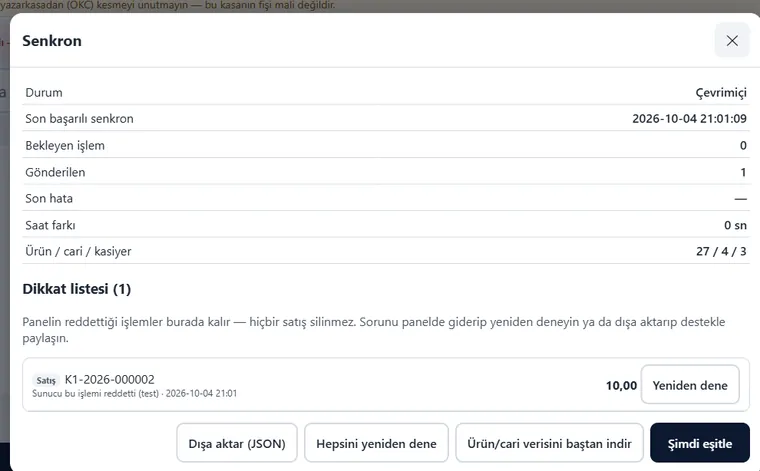 OKZEN Kasa Senkron penceresi: durum, bekleyen işlem, saat farkı ve dikkat listesi; Yeniden dene ve Şimdi eşitle düğmeleri