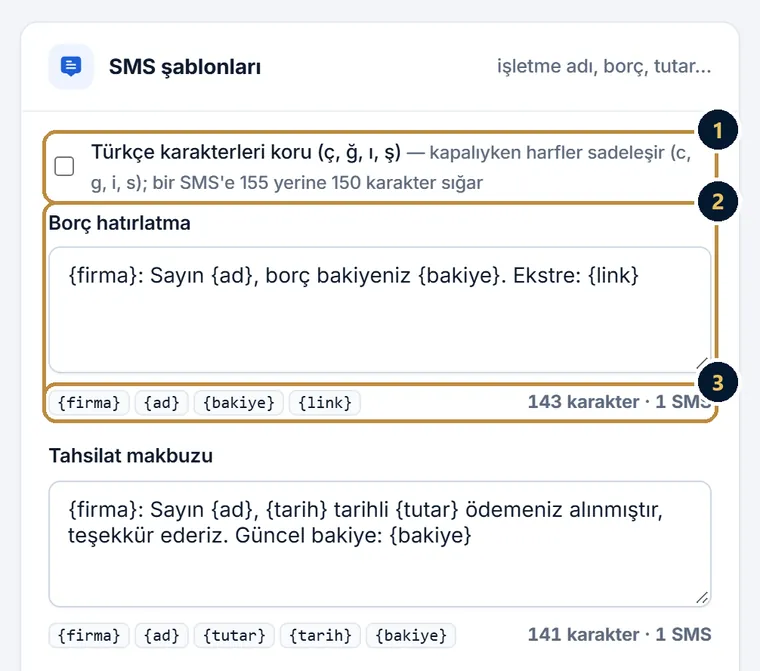 SMS şablonları bölümü: Türkçe karakterleri koru seçeneği, Borç hatırlatma şablonu, karakter ve SMS sayacı, Şablonları kaydet