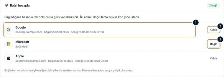 Hesap Güvenliği sayfasında Bağlı hesaplar kartı: bağlı Google ve Apple hesapları, Kaldır düğmeleri ve bağlı olmayan Microsoft için Bağla düğmesi