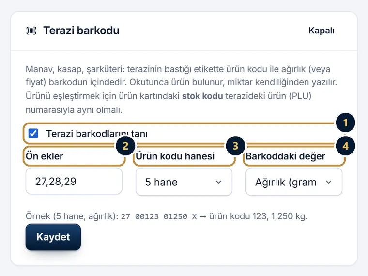 Ayarlar sayfasında Terazi barkodu bölümü: terazi barkodlarını tanı, ön ekler, ürün kodu hanesi ve barkoddaki değer