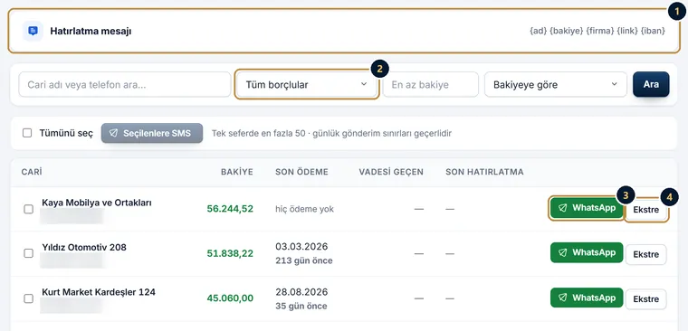 Tahsilat Takibi: hatırlatma mesajı şablonu, ödeme süzgeci ve her satırda WhatsApp ile Ekstre düğmeleri
