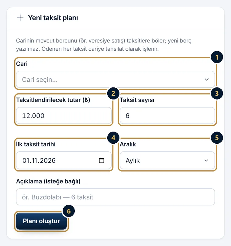 Yeni taksit planı formu: cari, tutar, taksit sayısı, ilk taksit tarihi, aralık ve Planı oluştur düğmesi