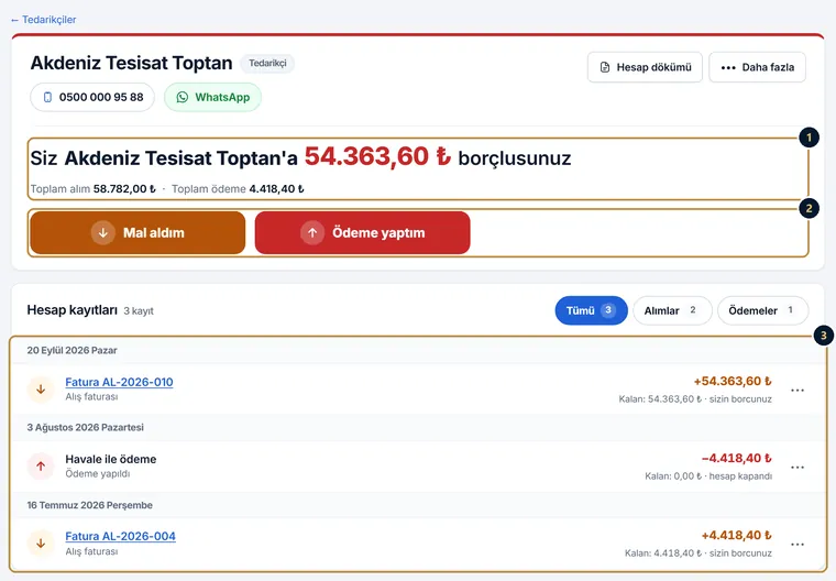 Tedarikçi sayfası: borç cümlesi, Mal al ve Ödeme yap düğmeleri, hesap hareketleri listesi
