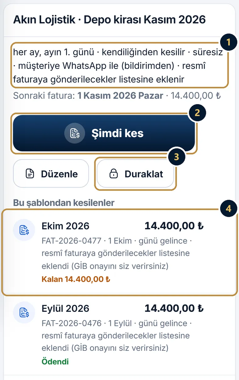Telefonda tekrarlayan faturanın sayfası: sıklık ve ayarların özeti, sonraki fatura günü ve tutarı, Şimdi kes, Düzenle, Duraklat düğmeleri ve bu şablondan kesilen Ekim ve Eylül faturaları