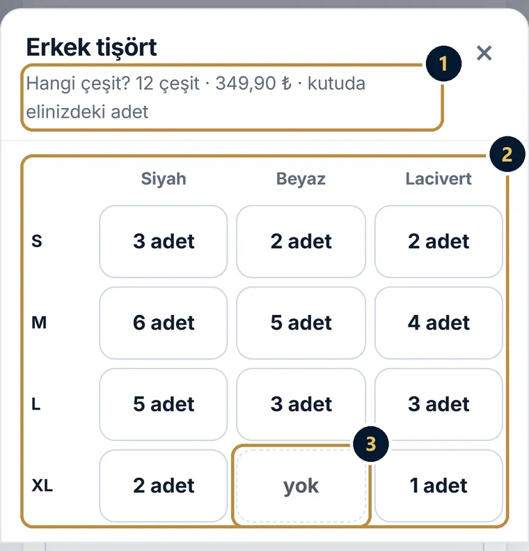 Telefonda satış ekranında Hangi çeşit penceresi: Erkek tişört için beden ve renk tablosu, her kutuda seçili depodaki adet, biten çeşit yok olarak