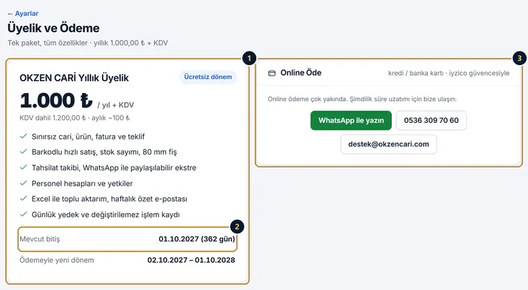 Üyelik ve Ödeme sayfası: OKZEN CARİ Yıllık Üyelik kartı, yıllık ücret, mevcut bitiş ve yeni dönem; Online Öde bölümü