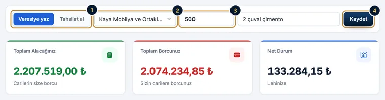 Veresiye / Cari Hareket ekranında hızlı kayıt: veresiye yaz veya tahsilat al, cari, tutar ve Kaydet