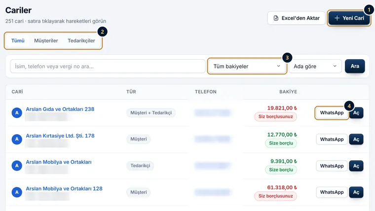 Cariler listesi: Yeni Cari düğmesi, müşteri ve tedarikçi süzgeci, bakiye süzgeci ve WhatsApp düğmesi