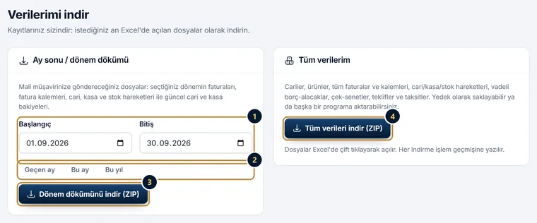 Verilerimi indir ekranı: dönem tarihleri, geçen ay-bu ay-bu yıl kısayolları, dönem dökümü ve tüm veriler düğmeleri
